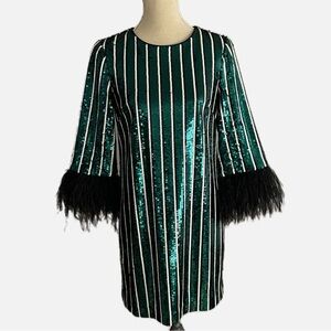 Badgley Mischka Mini Sheath Dress Sequins Feathers Size 4 Green Black White
